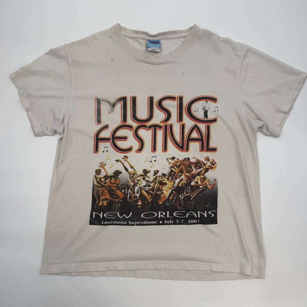 Jensen Men Size Large Y2K Graphic Shirt Cream Essence Music Festival New Orleans
